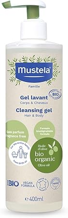 Mustela Certified Organic Cleansing Gel - Natural Hair & Body Wash w/Olive Oil & Aloe Vera - For Baby, Kid & Adult - Fragrance Free, Tear Free, Vegan & Biodegradable - 400ml