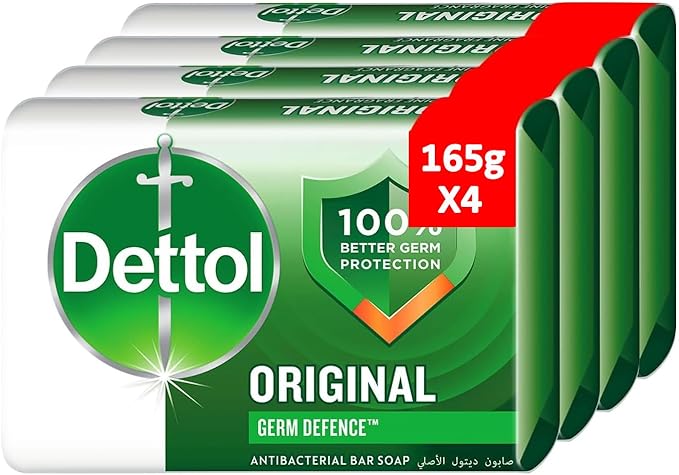 Dettol Original Anti-Bacterial Bathing Soap Bar for effective Germ Protection & Personal Hygiene, Protects against 100 illness causing germs, Pine Fragrance, 165g, Pack of 4