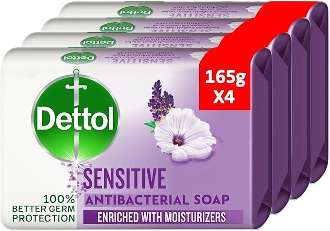Dettol Sensitive Anti Bacterial Bathing Soap Bar For Effective Germ Protection & Personal Hygiene Protects Against 100 Illness Causing Germs, Lavender & White Musk Fragrance, 165G, Pack Of 4, Purple