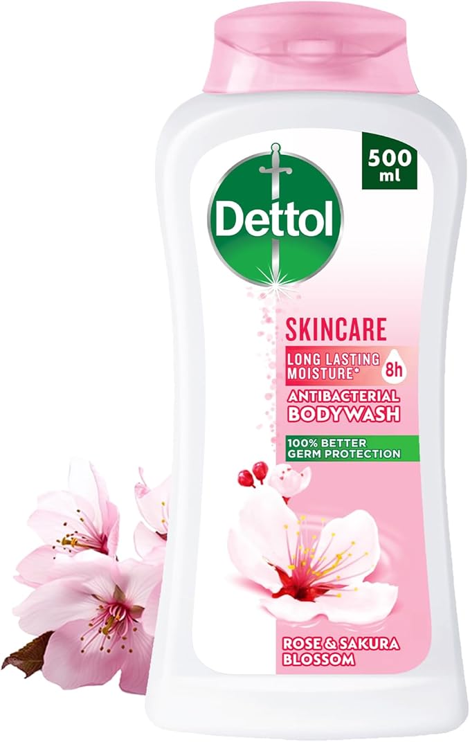 Dettol Skincare Showergel & Bodywash, Rose & Sakura Blossom Fragrance for Effective Germ Protection & Personal Hygiene, 500ml (Packaging may vary)