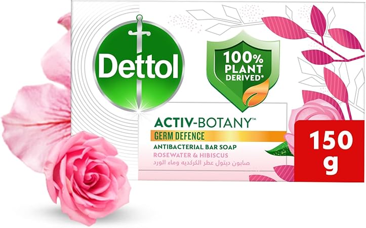 Dettol Activ-Botany Antibacterial Bar Soap, Rosewater & Hibiscus Fragrance, 100% Plant-Derived Ingredients, 150g