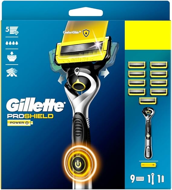 Gillette ProShield Power Men's Razor + 9 Razor Blade Refills with Precision Trimmer, 5 Anti-Friction Razor Blades