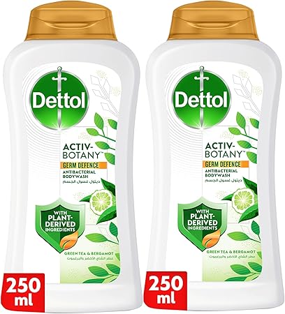 Dettol Activ-Botany Antibacterial Showergel & Bodywash, Green Tea & Bergamot Fragrance, with Plant-Derived Ingredients for Effective Germ Defence & Personal Hygiene, 250ml, Pack of 2