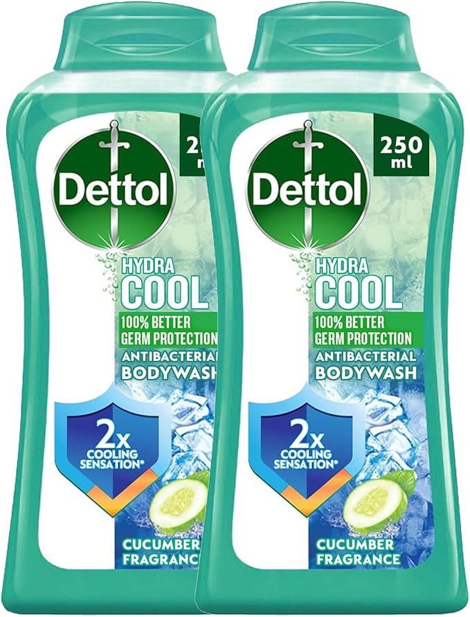 Dettol Hydra Cool Showergel & Bodywash, Cucumber & Icy Menthol Fragrance for Effective Germ Protection & Personal Hygiene, 250ml, Pack of 2 (Packaging may vary)