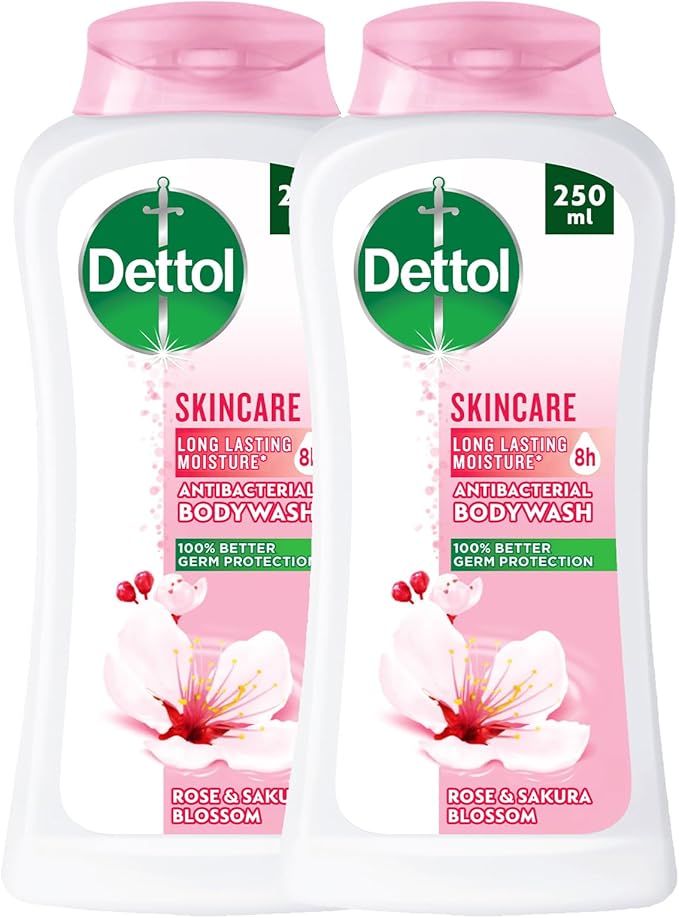 Dettol Skincare Showergel & Bodywash, Rose & Sakura Blossom Fragrance for Effective Germ Protection & Personal Hygiene, 250ml (Pack of 2) (Packaging may vary)