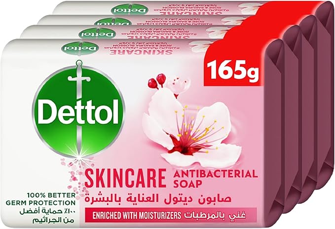 Dettol Skincare Anti-Bacterial Bathing Soap Bar for effective Germ Protection & Personal Hygiene, Protects against 100 illness causing germs, Rose & Sakura Blossom Fragrance, 165g, Pack of 4