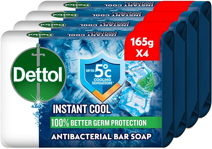 Dettol Cool Anti-Bacterial Bathing Soap Bar for effective Germ Protection & Personal Hygiene, Protects against 100 illness causing germs, Menthol & Eucalyptus Fragrance, 165g, Pack of 4