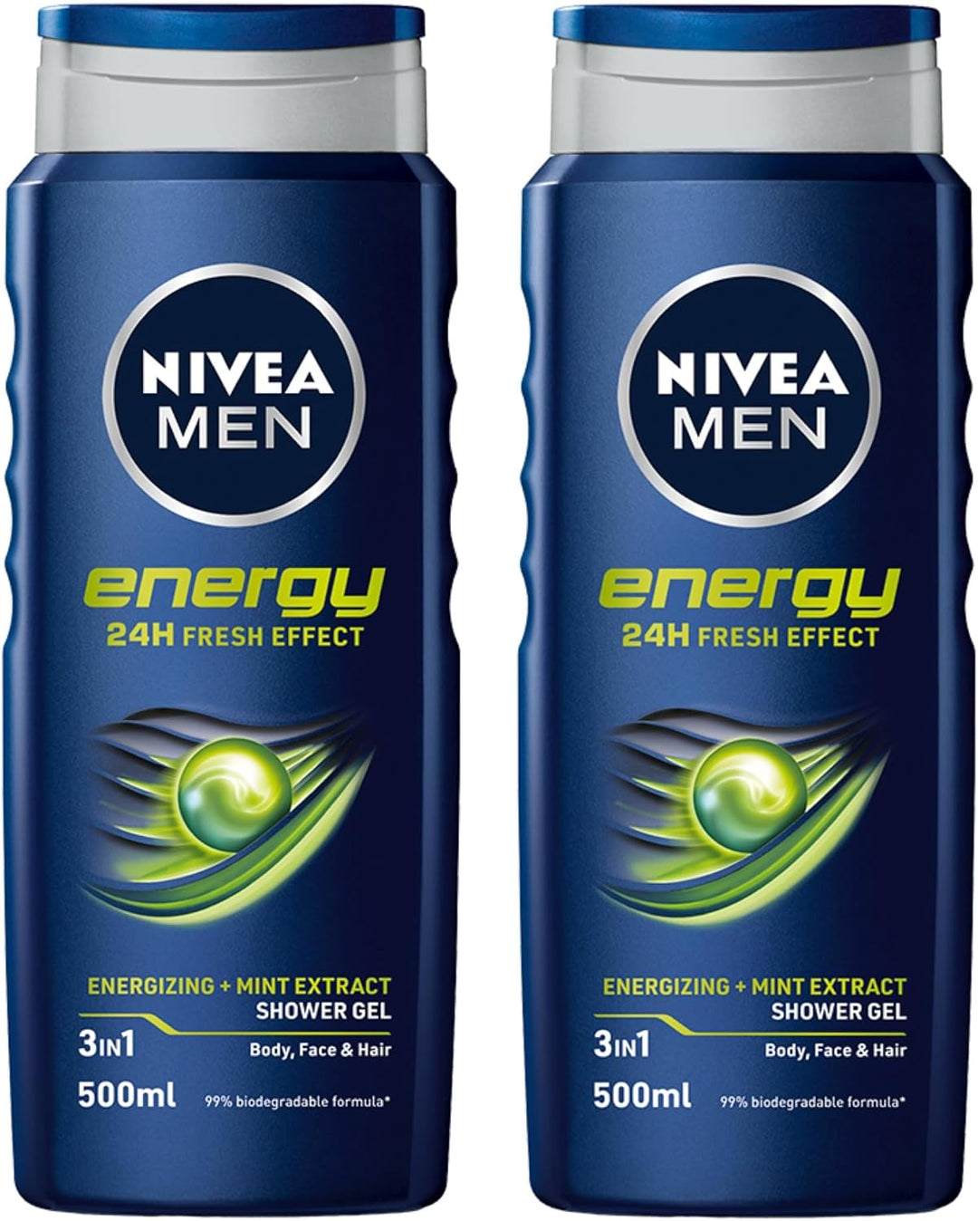 Nivea Men, Energy 3 in 1 Shower Gel Energizing + Mint Extract, 500 ml pack of 2
