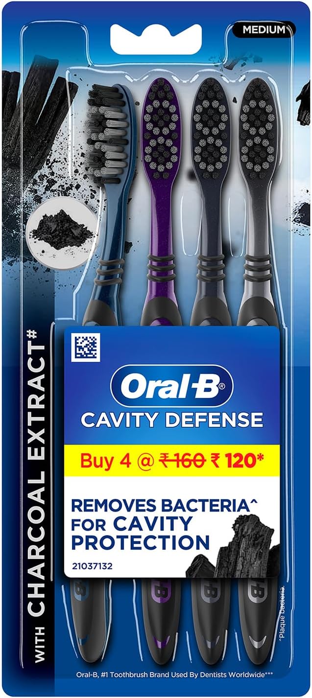 Oral-B Cavity Defense Deep Clean + Whitening Toothbrush with Charcoal Extract Bristles, Tongue Cleaner and Hygienic Head Caps, MEDIUM, Pack of 4.