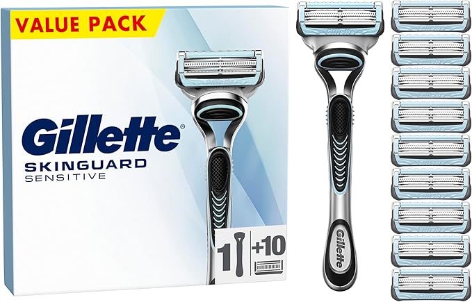 Gillette SkinGuard Sensitive Men’s Razor, Shaving Razor for Men with Skin Irritation, 1 Handle, 10 Blade Refills
