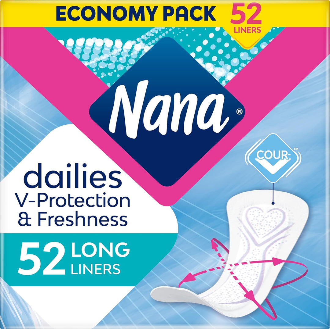 Nana Daily Fresh Long Panty Liners Breathable, Curve fit, Absorbent - Economy Pack - 52 Count