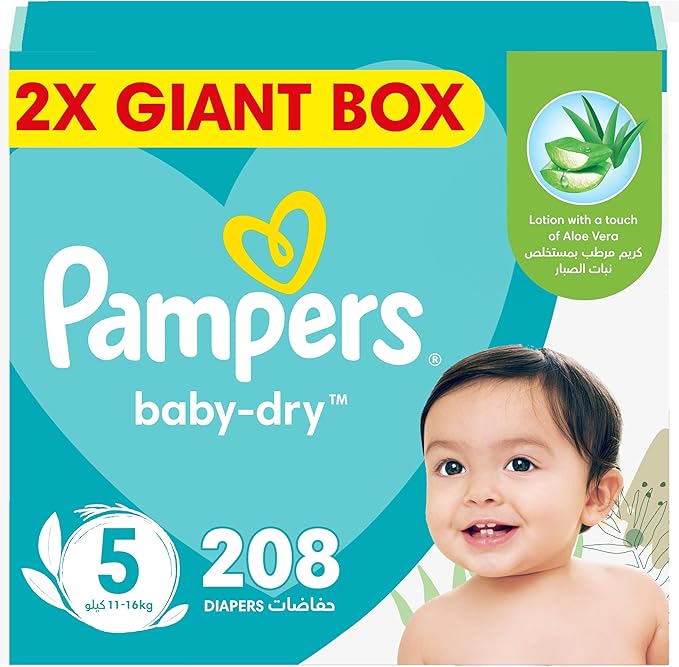 Pampers Baby Dry Taped Diapers with Aloe Vera Lotion, up to 100% Leakage Protection, Size 5, 11-16kg