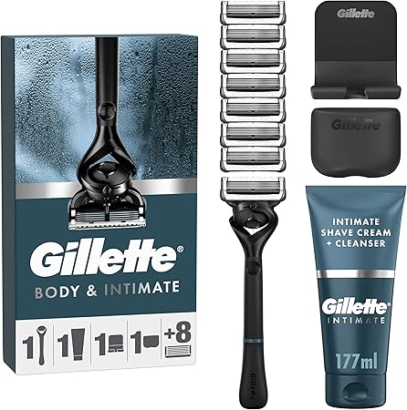 Gillette Intimate Set, Men's Wet Razor, Razor + 8 Razor Blades + 2-in-1 Shaving and Shower Cream 177 ml + Includes Shower Hook & Travel Case, Gift for Men
