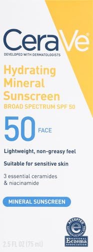 CeraVe 100% Mineral Sunscreen SPF 50 | Face Sunscreen with Zinc Oxide & Titanium Dioxide for Sensitive Skin | 2.5 oz, 1 Pack (Packaging May Vary)