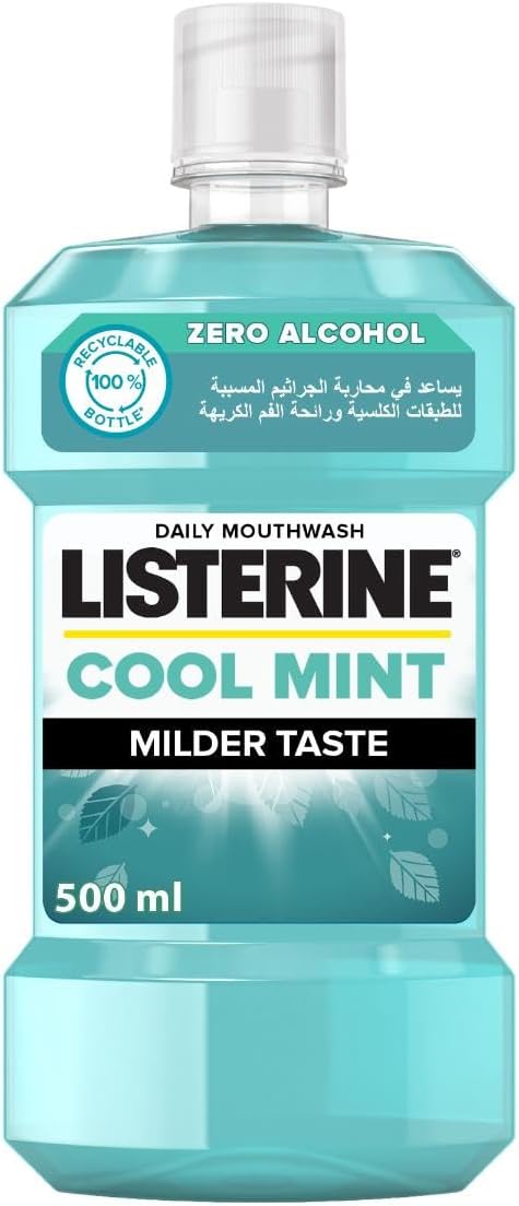 Listerine Breath Freshening Mouthwash, Cool Mint, Milder Taste, kills 99% of germs that cause plaque and bad breath, when used twice daily, 500ml