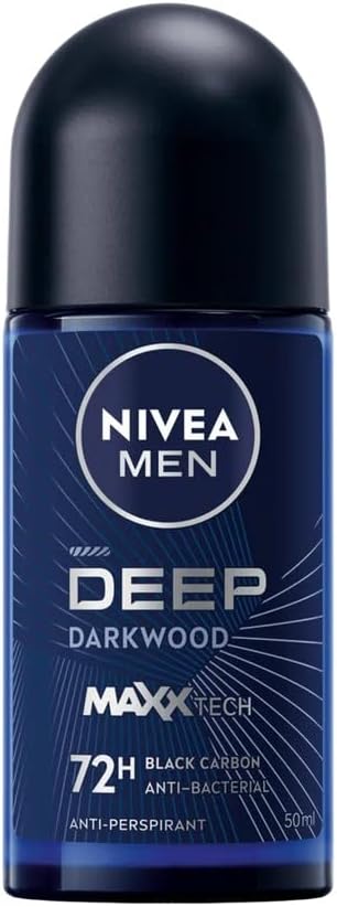 Nivea MEN Antiperspirant Roll-on for Men, DEEP Black Carbon Antibacterial, Woody Scent, 50ml