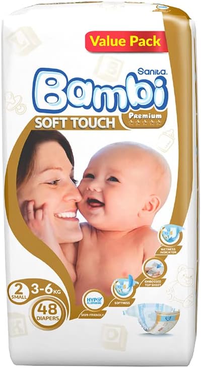 Sanita Bambi Baby Diapers Value Pack Size 2, Small, 3-6 Kg, 48 Count