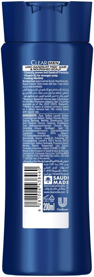 CLEAR Shampoo for men, anti-dandruff shampoo, Cool Sport Menthol, 100% Dandruff-free hair & Nourished Scalp, 200ml