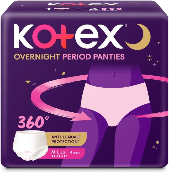 Kotex Overnight Period Panties (Medium/Large size, pack of 4 panties) for heavy flow period protection | with 360 degree anti-leakage design & airy-soft fabric | 1 panty = ~3 regular pads