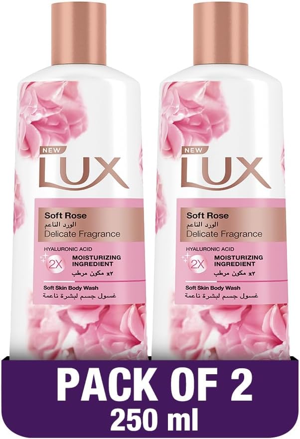 LUX Delicate Fragrance Body Wash, Soft Rose, 2x Moisturizing Essence, with 4D Hyaluronic Acid, 250ml x 2