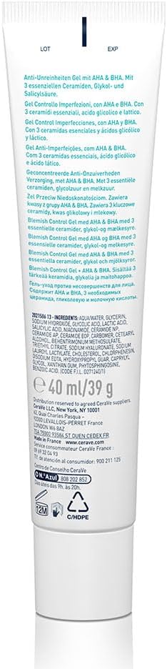 CeraVe Blemish Control Gel Facial Moisturiser For Acne & Blemishes with Glycolic Acid and Lactic Acid AHA/BHA 40 ML