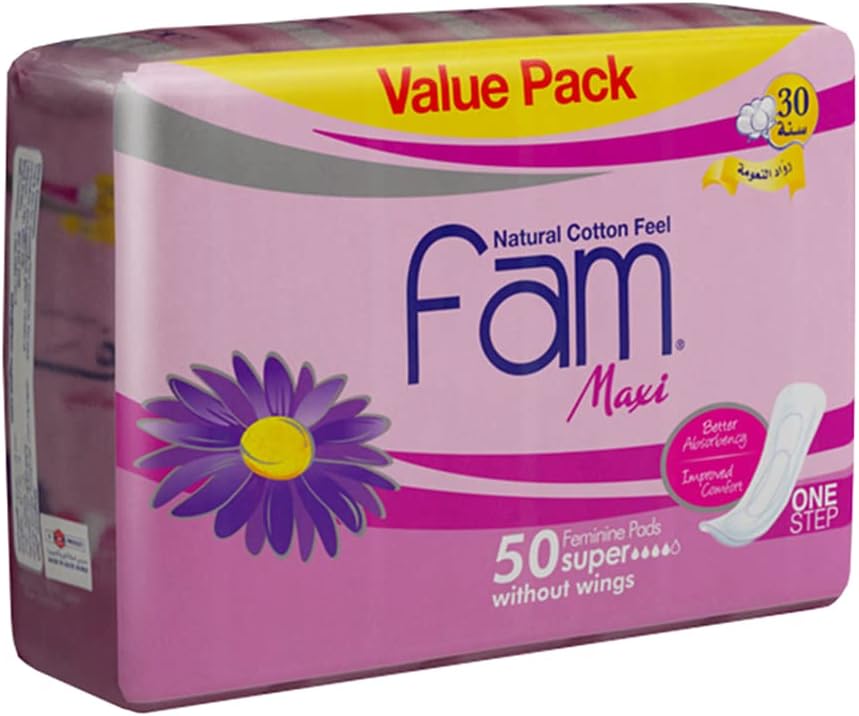 Fam Protect OneStep Natural Cotton Feel, Maxi Thick, Non-Wings Super Sanitary Pads, 50 pads