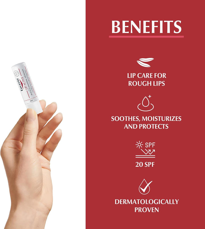 Eucerin pH5 Lip Active Balm with Dexpanthenol and Vitamin E, Lip Care for Rough Lips, UVA & UVB Protection, SPF 20, Soothes, Moisturizes and Protects, for Dry & Dehydrated Lips, 4.8g