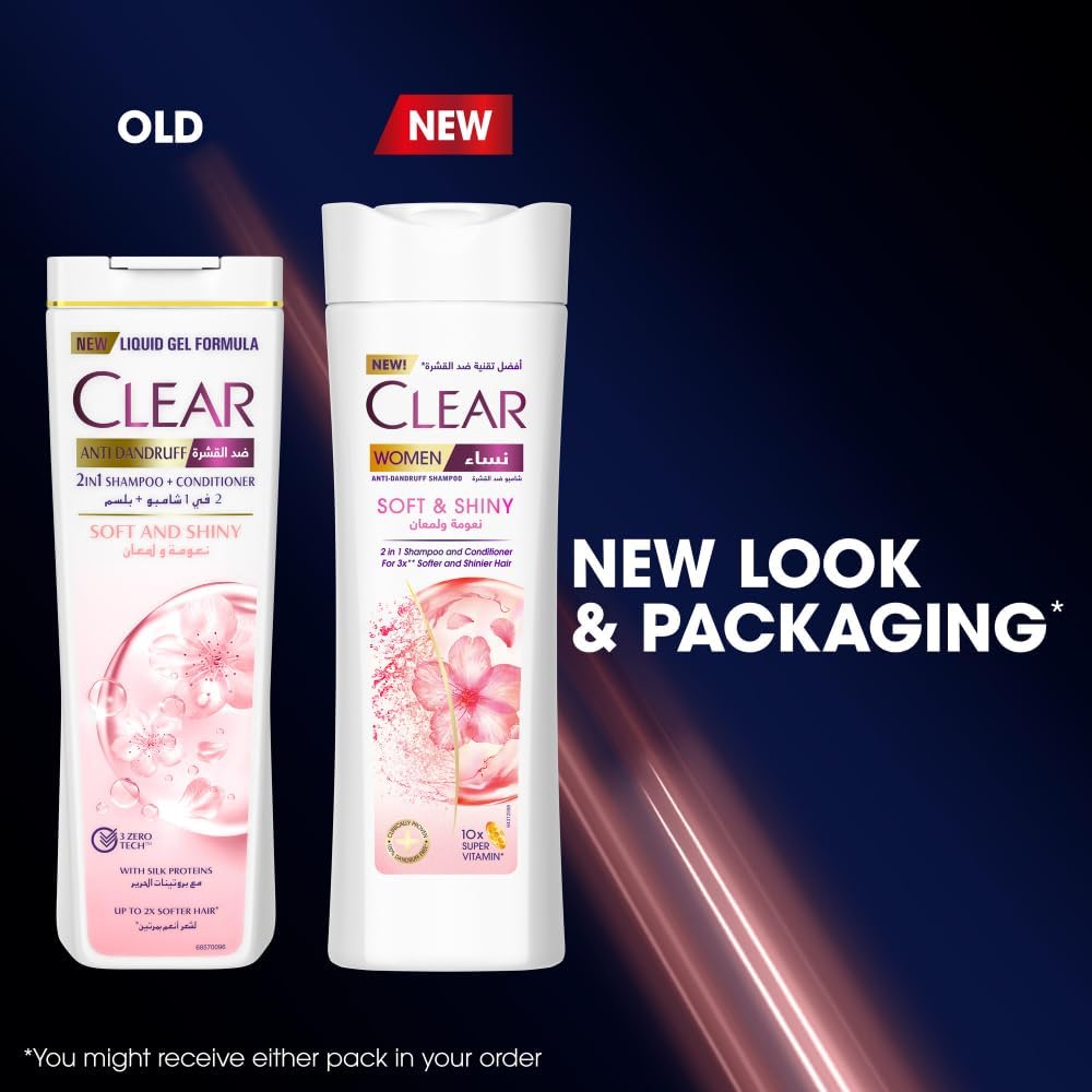 CLEAR 2in1 Shampoo & conditioner for women, anti dandruff shampoo, Soft & Shiny, for 3x** softer & shinier hair, 400ml