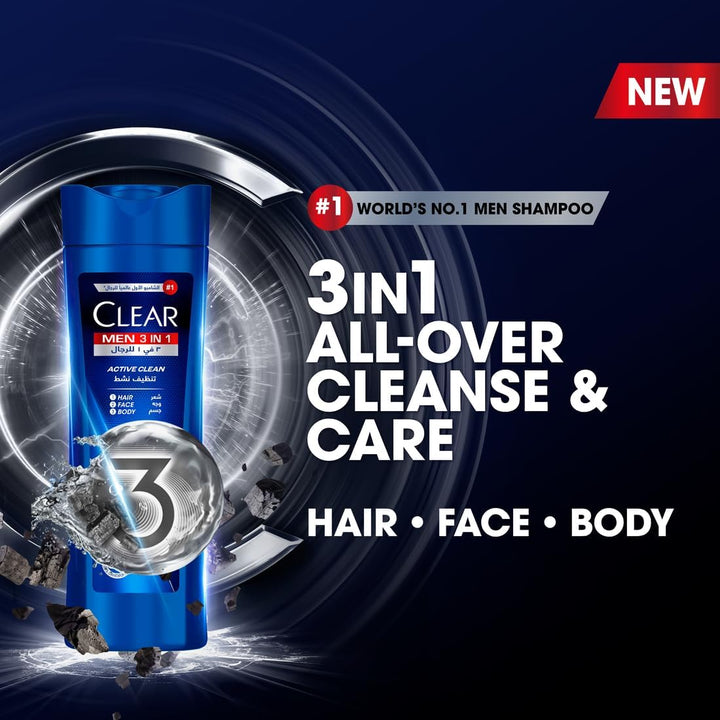 Clear Men Complete Care 3in1 Shampoo For Hair, Face & Body With Activated Charcoal for 100% dandruff free hair and moisturized skin, 400ml Pack of 2, white