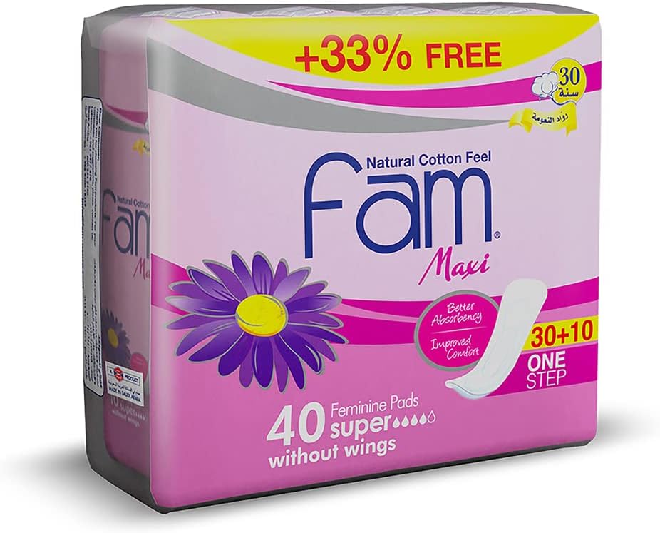Fam One Step Natural Cotton Feel, Maxi Thick, Non-Wings Super Sanitary Pads,40 Pads 33% Off