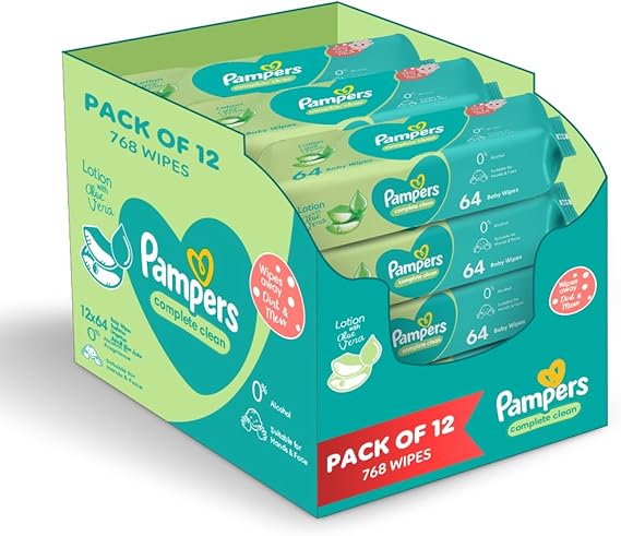 Pampers Complete Clean Baby Wipes with Aloe Vera Lotion for Hands & Face, 12 Packs, 768 Count (Item packing may vary)