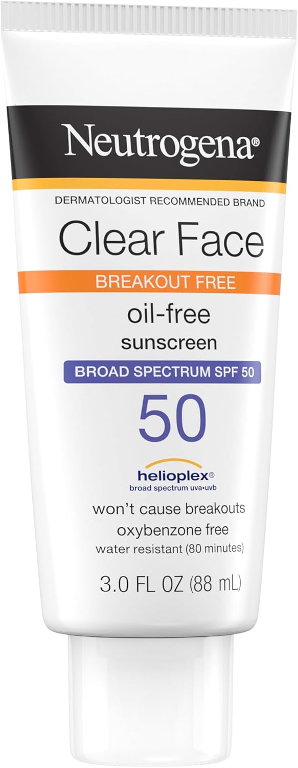 Neutrogena Clear Face Liquid Lotion Sunscreen for Acne-Prone Skin, Broad Spectrum SPF 50 UVA/UVB Protection, Oil-,