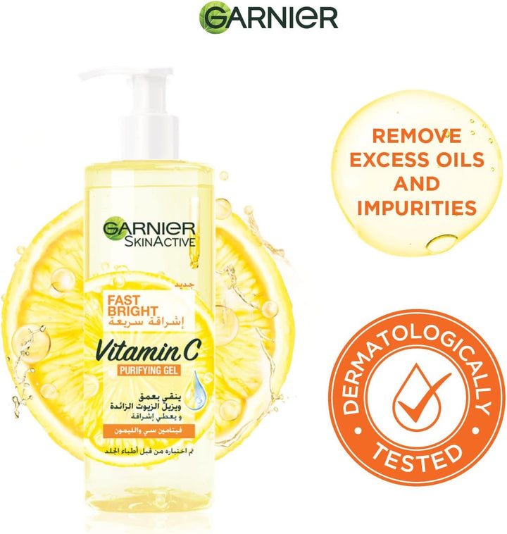 Garnier SkinActive Fast Bright Vitamin C Purifying and Brightening Gel Wash Cleanser For Excess Oils and Impurities Removal with 400 ml