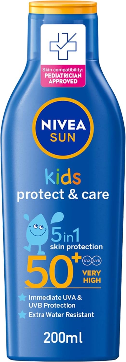 Nivea SUN Kids Sunscreen Lotion, Protect & Care, SPF 50+, 5in1 Skin Protection, Very High and Immediate UVA 500ML & UVB Protection, Extra Water Resistant, 200ml