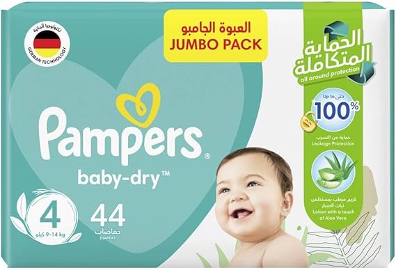 Pampers Baby-Dry Taped Diapers with Aloe Vera Lotion, up to 100% Leakage Protection, Size 4, 9-14kg, 44 / 76 Counts
