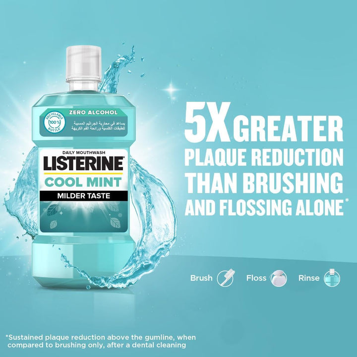 Listerine Breath Freshening Mouthwash, Cool Mint, Milder Taste, kills 99% of germs that cause plaque and bad breath, when used twice daily, 500ml