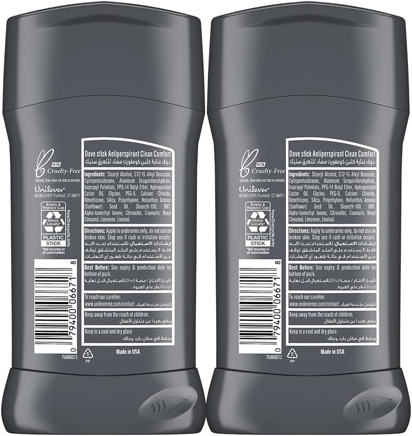 Dove Men+ Care Antiperspirant Deodorant Stick, 72H Protection, Clean Comfort, Vitamin E & Moisturizer, 76g x 2