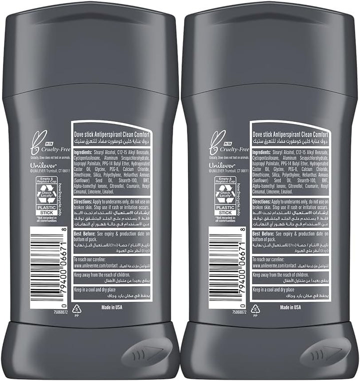 Dove Men+ Care Antiperspirant Deodorant Stick, 72H Protection, Clean Comfort, Vitamin E & Moisturizer, 76g x 2