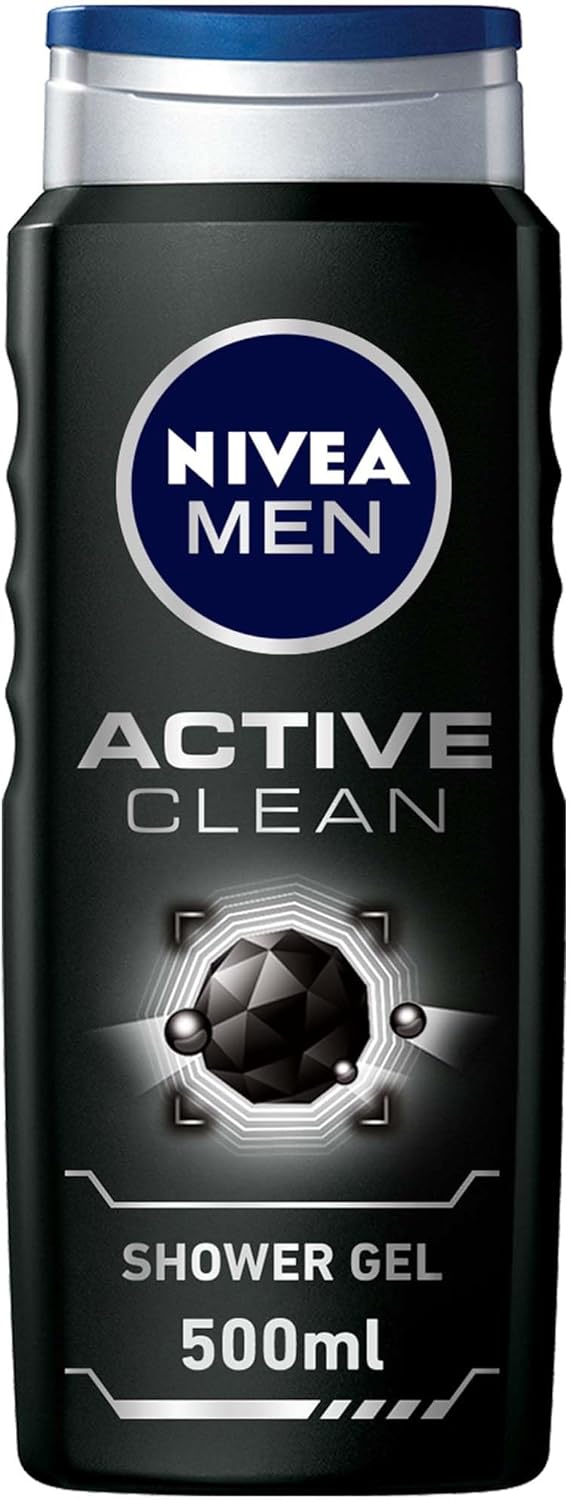 Nivea MEN 3in1 Shower Gel Body Wash, Active Clean Charcoal Woody Scent, 500ml