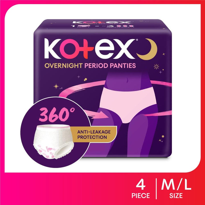 Kotex Overnight Period Panties (Medium/Large size, pack of 4 panties) for heavy flow period protection | with 360 degree anti-leakage design & airy-soft fabric | 1 panty = ~3 regular pads