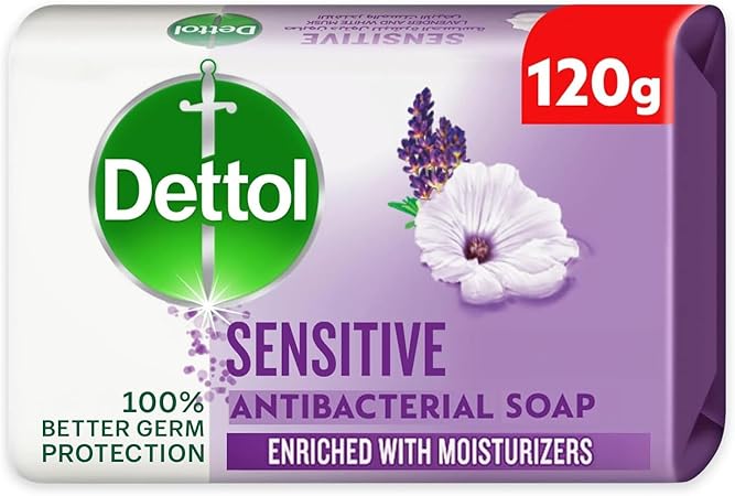 Dettol Sensitive Anti-Bacterial Bathing Soap Bar for effective Germ Protection & Personal Hygiene, Protects against 100 illness causing germs, Lavender & White Musk fragrance, 120g / 165g