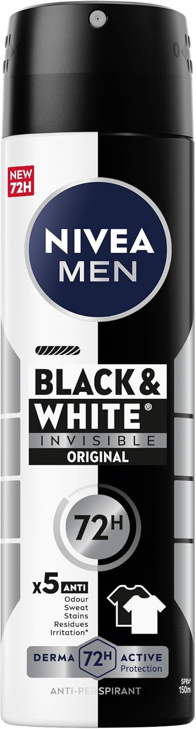 Nivea MEN Antiperspirant Spray for Men, Black & White Invisible Protection Original, 150ml