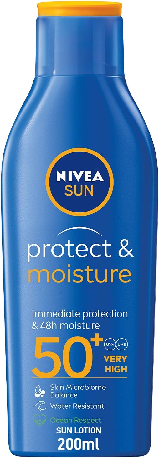 Nivea Lotion, Protect & Moisture, SPF 50+, Very High and Immediate UVA & UVB Protection, 48H Moisture, Water Resistant, Skin Microbiome Balance,