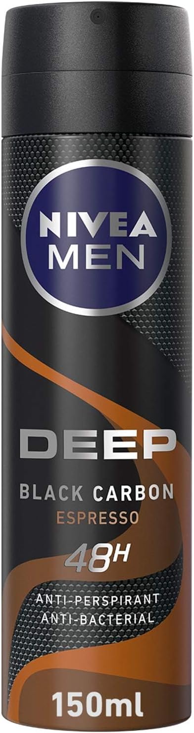 Nivea MEN Antiperspirant Spray for Men, 48h Protection, DEEP Black Carbon Antibacterial, Espresso Scent, 150ml