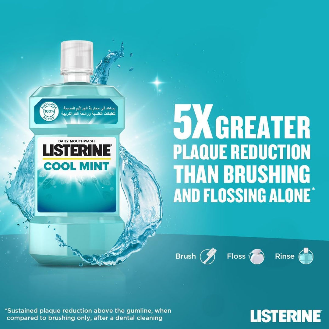 Listerine, Cool Mint Daily Mouthwash, Mint Flavour, kills 99% of germs that cause plaque and bad breath, when used twice daily, 250ml