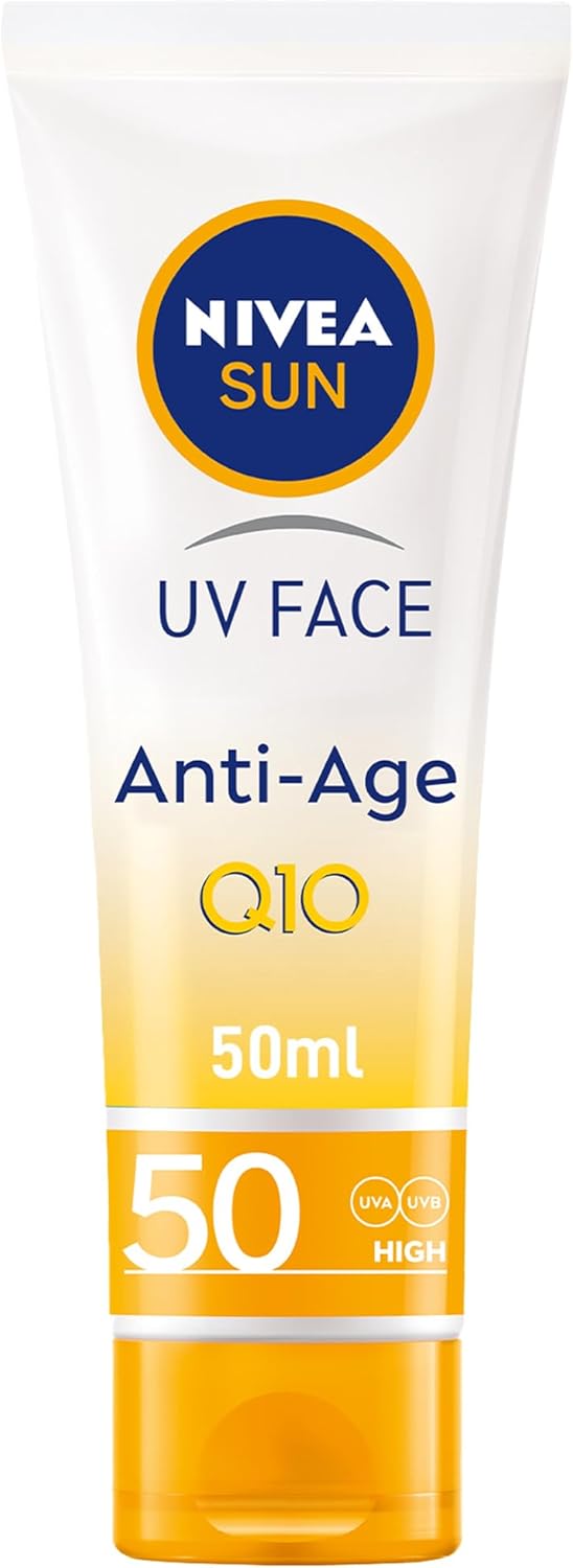 Nivea SUN Face Cream, SPF 50, High UVA and UVB Protection, with Q10 Technology, Anti-Age, Water Resistant, Non-Greasy, 50ml