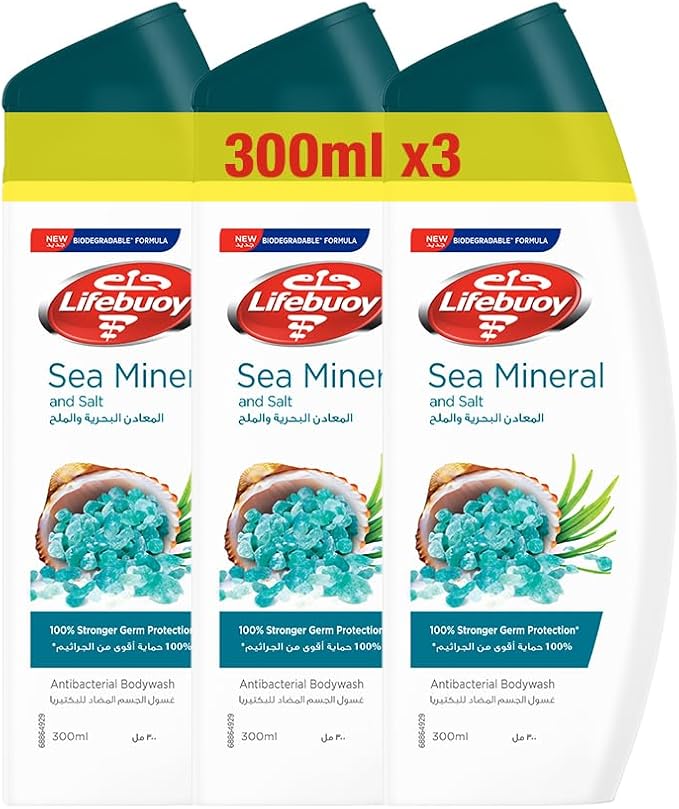 LIFEBUOY Antibacterial Body Wash, Sea Mineral, for 100% stronger germ protection* & hygiene, 300ml x 3