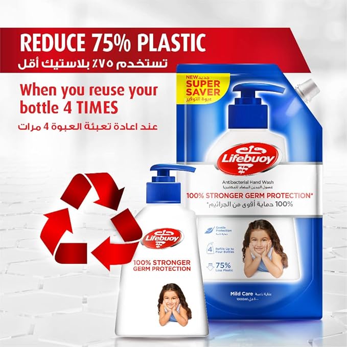 Lifebuoy Antibacterial Hand Wash Refill Pouch, Mild Care 100% Stronger Germ Protection, 1 Liter