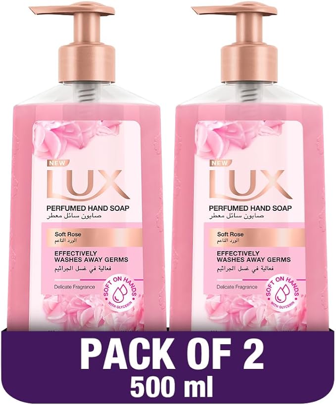 LUX Perfumed Liquid Hand Wash, Soft Rose, with Almond Oil & Glycerin, for Fragrant, Soft and Clean Hands, 500ml x2