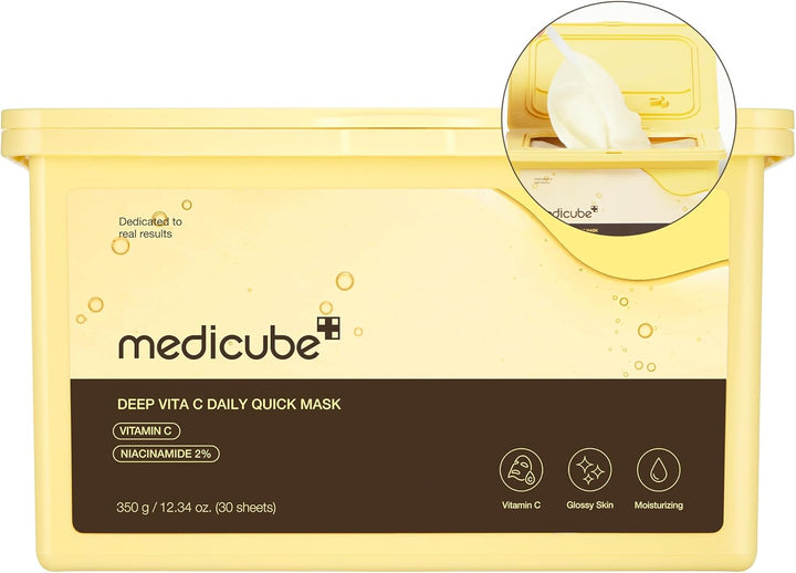 medicube Deep Vita C Daily Quick 30 Sheet Masks - Vegan Certified, Quick Dispenser, Triple Vitamin Complex For Radiance and Hydration - Korean Face Masks